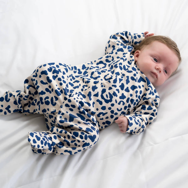 Unisex Baby Cotton Sleepsuit (Onesie) – Blue Leopard Print