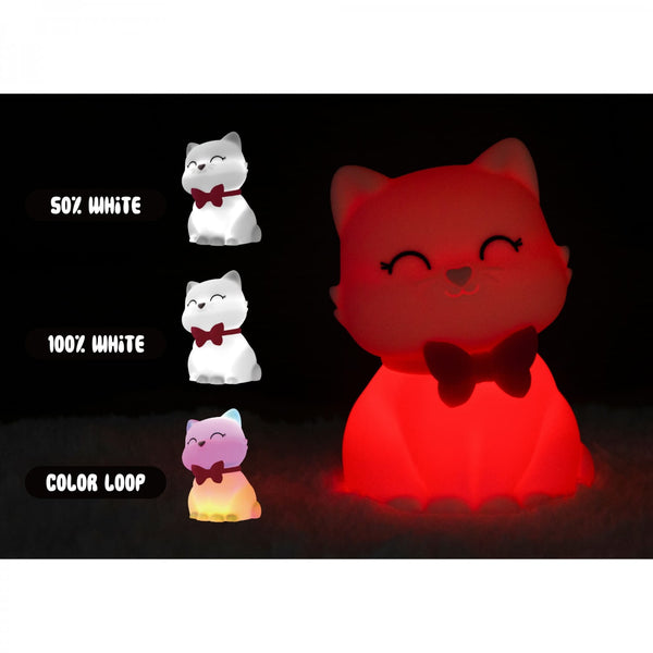 Medium Colour Changing LED Night Light | White Cat with Fuschia Pink Collar