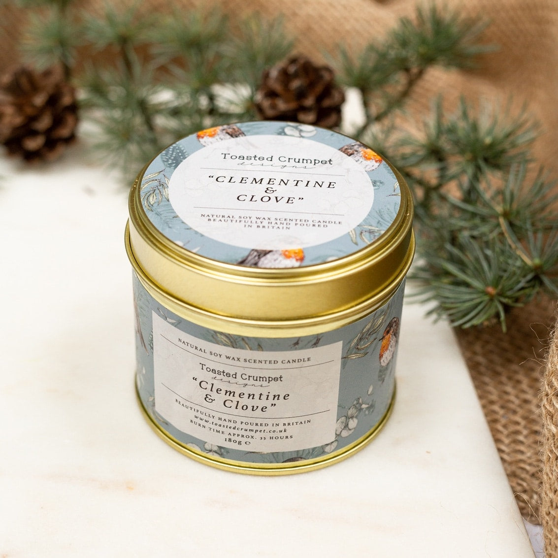 Robin & Eucalyptus Candle in a Matt Gold Tin - Clementine & Clove