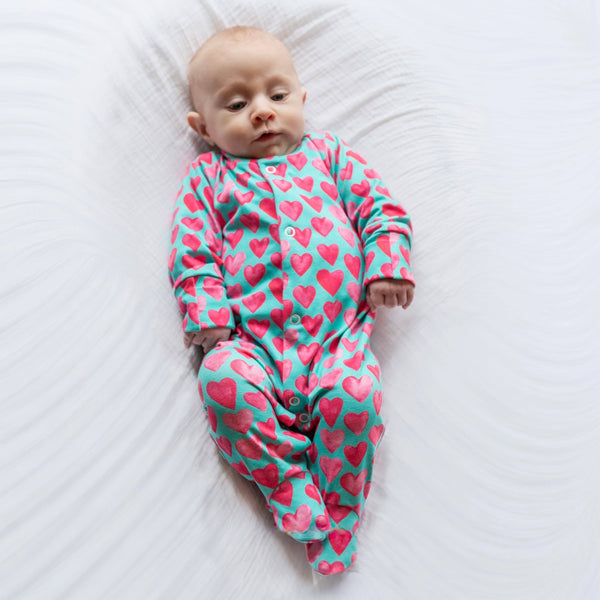 Unisex Baby Cotton Sleepsuit (Onesie) – Aqua Hearts