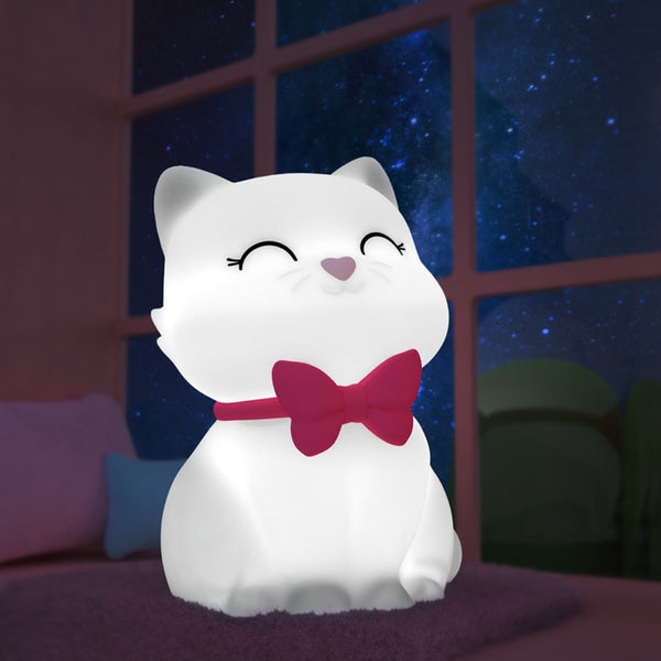 Medium Colour Changing LED Night Light | White Cat with Fuschia Pink Collar