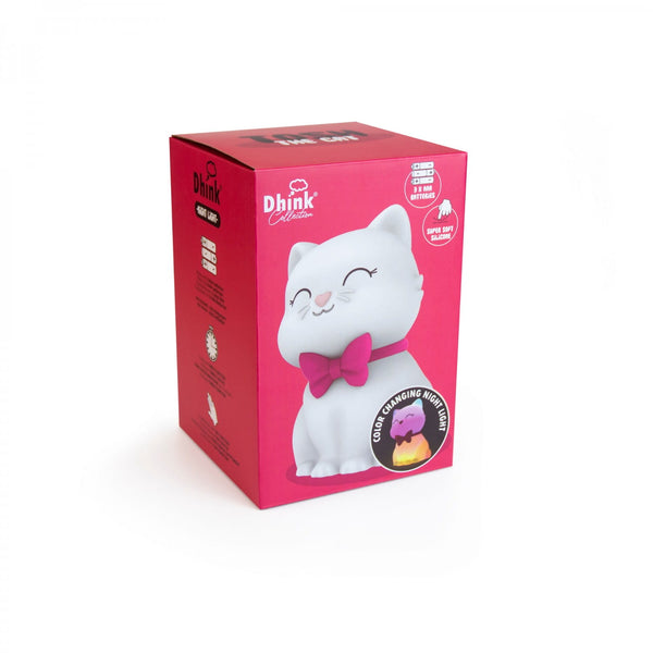 Medium Colour Changing LED Night Light | White Cat with Fuschia Pink Collar