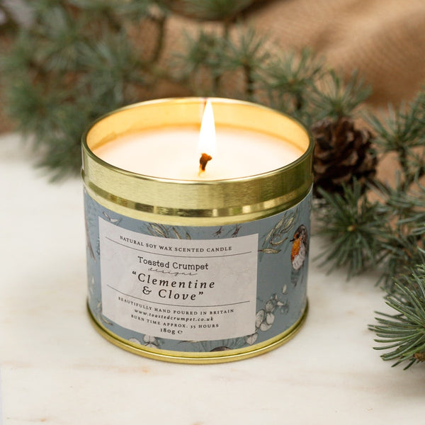 Robin & Eucalyptus Candle in a Matt Gold Tin - Clementine & Clove